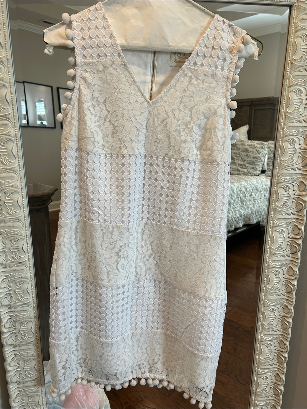 Sail to Sable Ivory Lace Pom-Trim Sleeveless Shift Dress